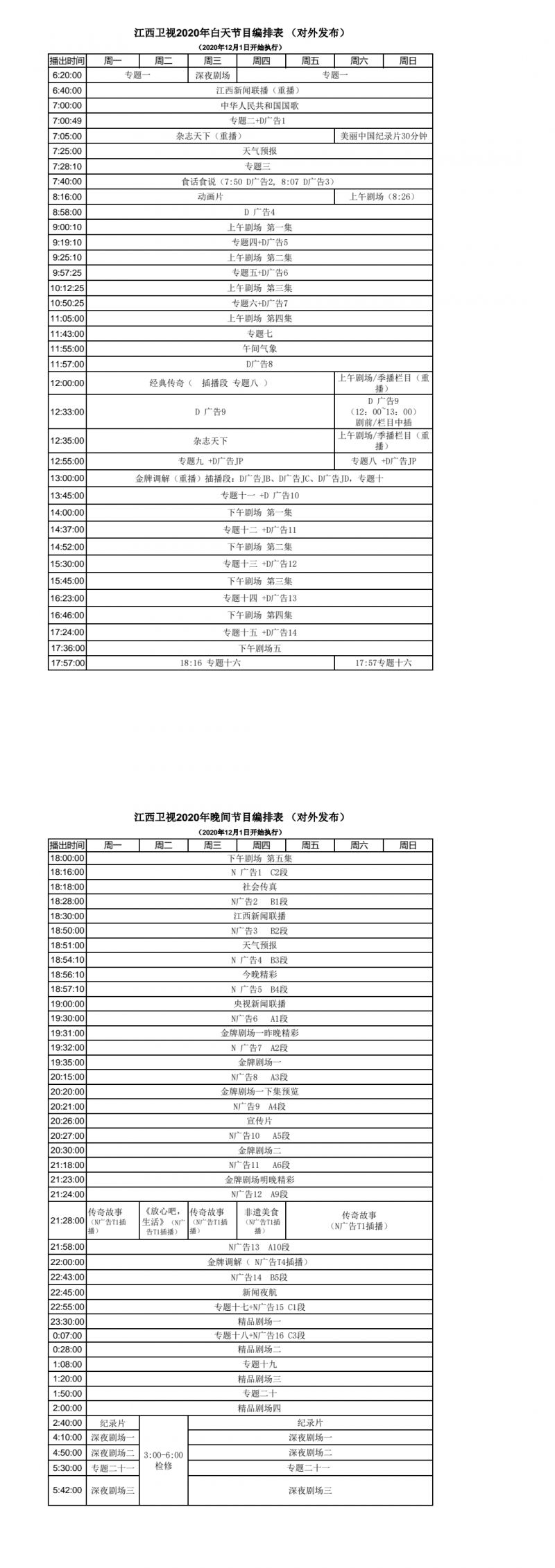 2021年江西卫视节目编排表